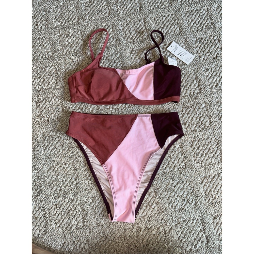 Womens NWT Cupshe Red Colorblock Bikini Set Size Small High Waist Bottoms